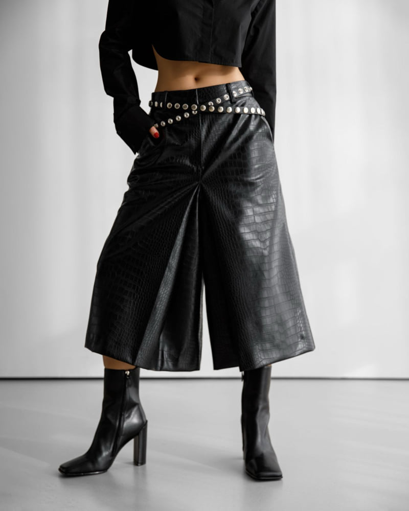 Paper Moon - Korean Women Fashion - #womensfashion - Crocodile Vegan Leather Skirt Detail Wide Culottes Pants - 3