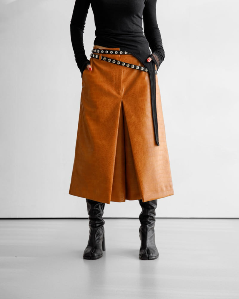 Paper Moon - Korean Women Fashion - #womensfashion - Crocodile Vegan Leather Skirt Detail Wide Culottes Pants - 5