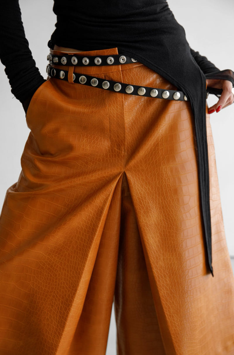Paper Moon - Korean Women Fashion - #womensfashion - Crocodile Vegan Leather Skirt Detail Wide Culottes Pants - 7