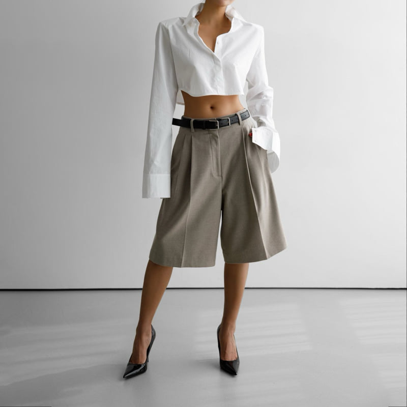 Paper Moon - Korean Women Fashion - #womensfashion - Classic Shoulder Padded Crop Button Down Shirt - 8