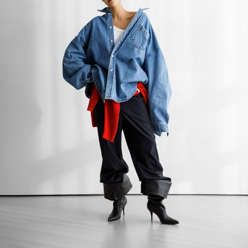 Paper Moon - Korean Women Fashion - #womensfashion - Maxi Oversized Washed Denim Button Down Shirt - 3