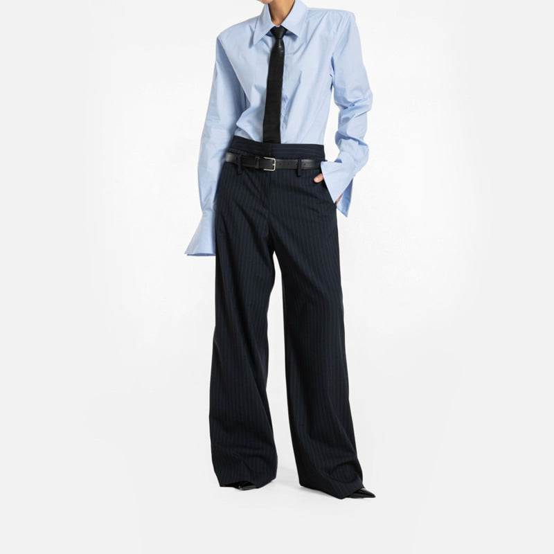 Paper Moon - Korean Women Fashion - #womensfashion - Low Belted Detail Pin Striped Wide Pants - 6