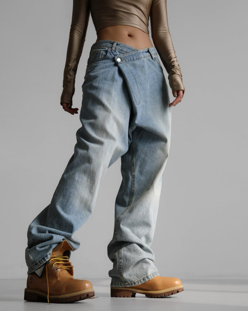 Paper Moon - Korean Women Fashion - #womensfashion - Wrap Detail Wide Denim Jeans - 2