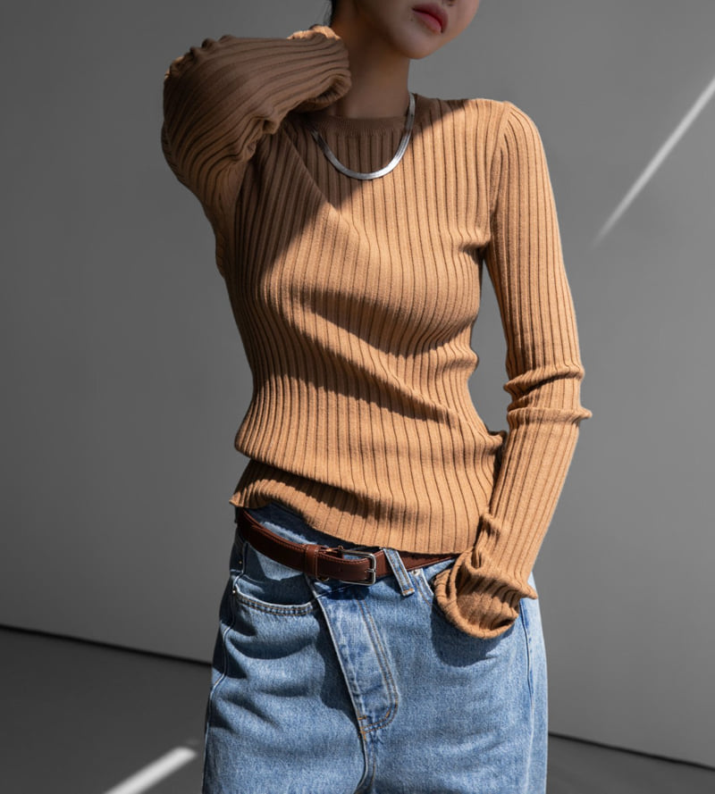 Paper Moon - Korean Women Fashion - #womensfashion - Long Sleeved Ribbed Round Neck Knit Top