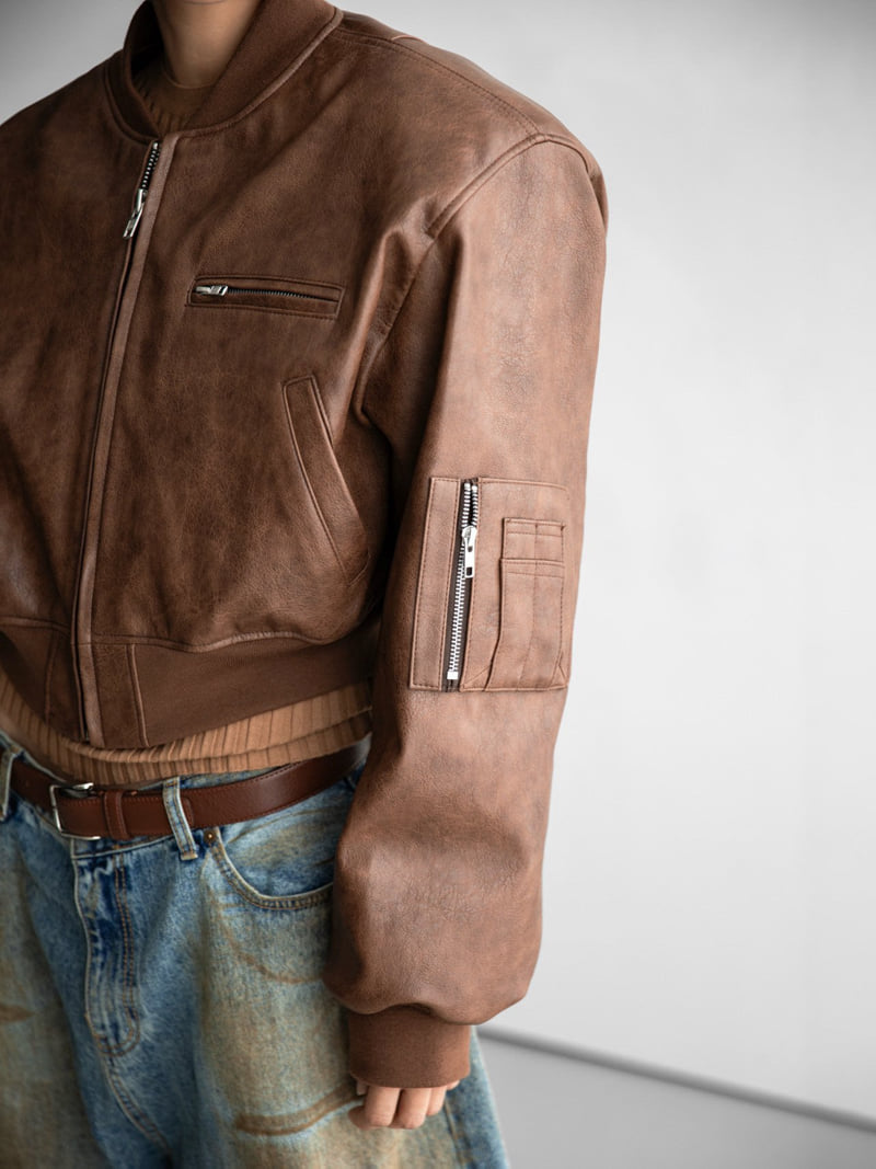 Paper Moon - Korean Women Fashion - #momslook - Vegan Leather Cropped Full-up Bomber Jacket - 4