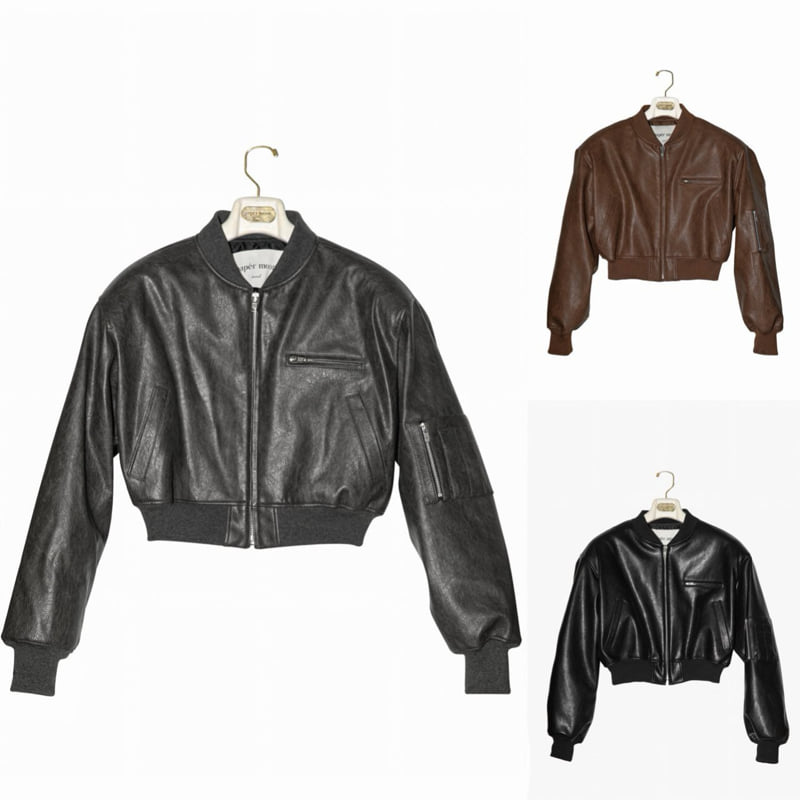 Paper Moon - Korean Women Fashion - #womensfashion - Vegan Leather Cropped Full-up Bomber Jacket - 8