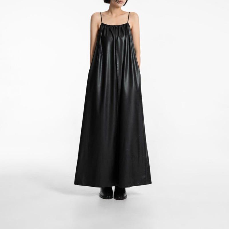 Paper Moon - Korean Women Fashion - #womensfashion - Vegan Leather Strap Shirred Maxi Dress - 2