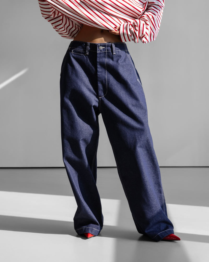 Paper Moon - Korean Women Fashion - #womensfashion - Stitch Detail Wide Baggy Denim Pants - 3