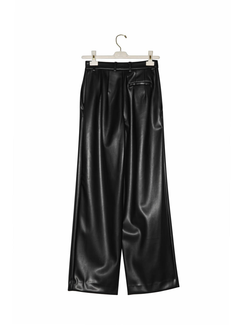Paper Moon - Korean Women Fashion - #womensfashion - Leather Low Waist Double Pleats Wide Trousers - 3