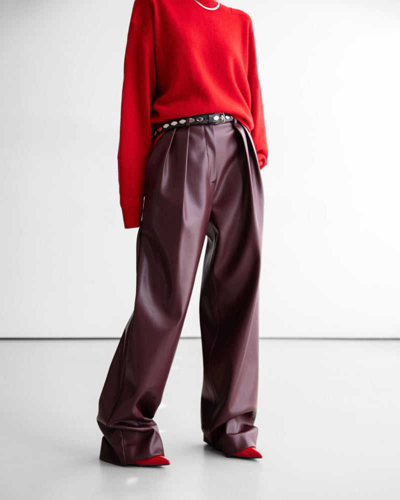 Paper Moon - Korean Women Fashion - #womensfashion - Leather Low Waist Double Pleats Wide Trousers - 5