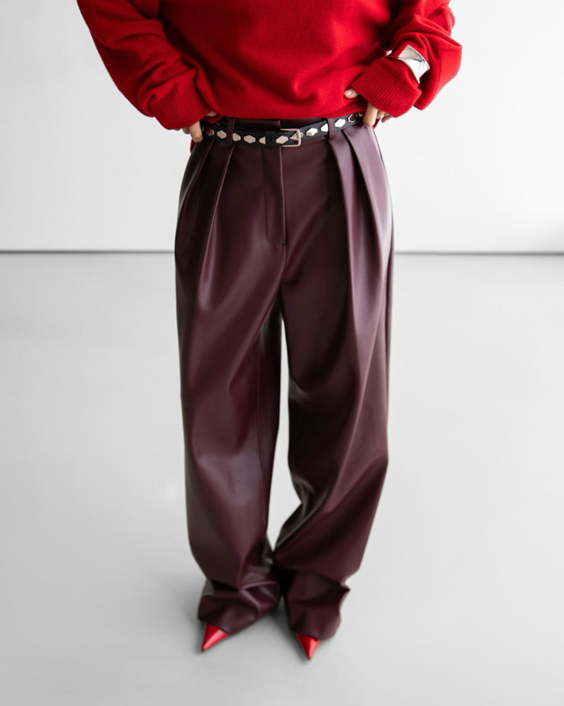 Paper Moon - Korean Women Fashion - #womensfashion - Leather Low Waist Double Pleats Wide Trousers - 7