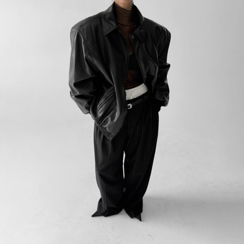 Paper Moon - Korean Women Fashion - #womensfashion - Washed Vegan Leather Shoulder Padded Bomber Jacket - 3