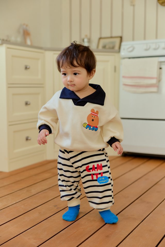 Sera - Korean Baby Fashion - #babyfashion - Bebe Collar Stripe Top Bottom Set