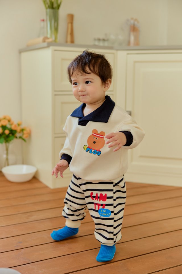 Sera - Korean Baby Fashion - #babygirlfashion - Bebe Collar Stripe Top Bottom Set - 3