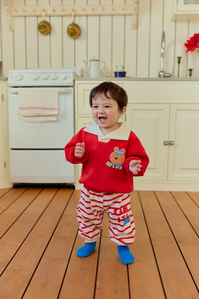 Sera - Korean Baby Fashion - #babygirlfashion - Bebe Collar Stripe Top Bottom Set - 4