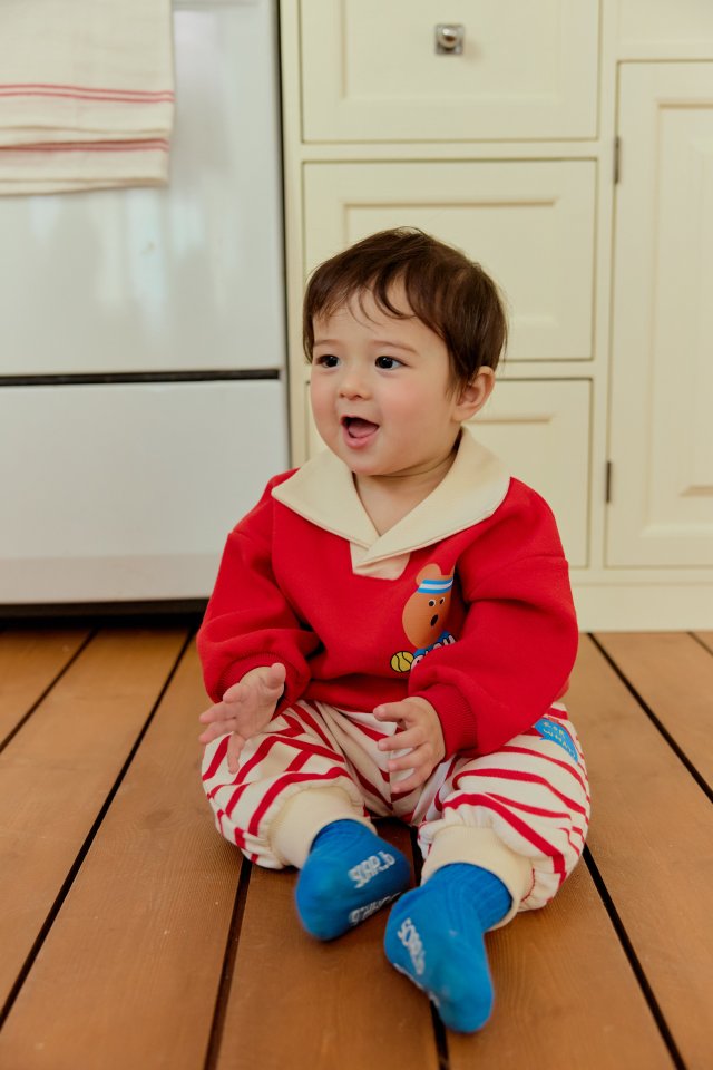 Sera - Korean Baby Fashion - #babyoutfit - Bebe Collar Stripe Top Bottom Set - 7
