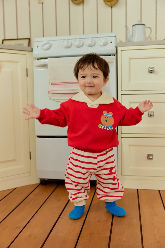 Sera - Korean Baby Fashion - #babyoutfit - Bebe Collar Stripe Top Bottom Set - 8