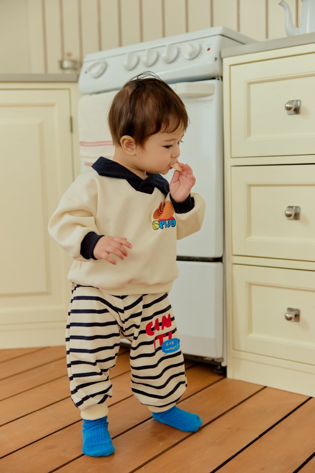 Sera - Korean Baby Fashion - #onlinebabyboutique - Bebe Collar Stripe Top Bottom Set - 10