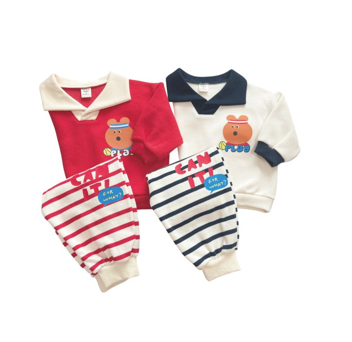 Sera - Korean Baby Fashion - #onlinebabyshop - Bebe Collar Stripe Top Bottom Set - 11
