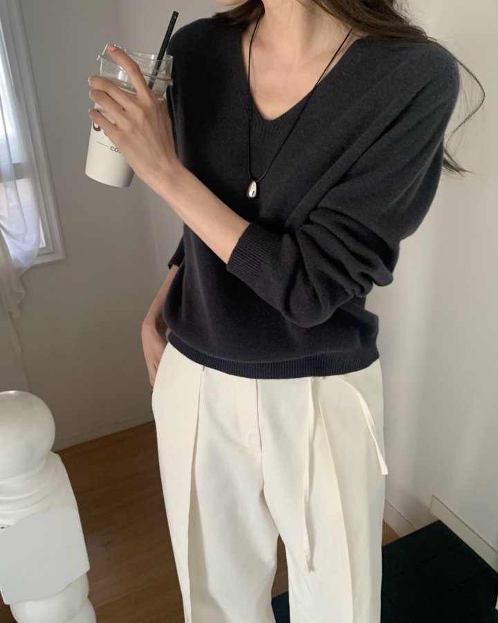 Something Else - Korean Women Fashion - #momslook - Ribbon Hole V-Neck Knit - 3