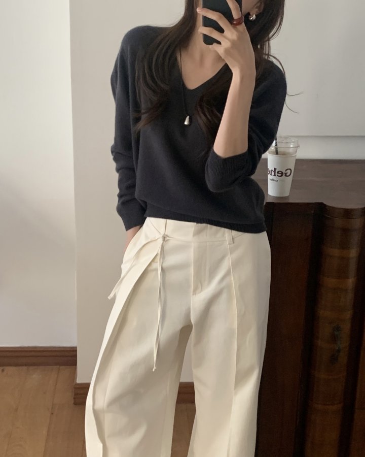 Something Else - Korean Women Fashion - #womensfashion - Ribbon Hole V-Neck Knit