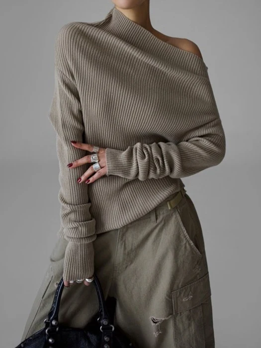 Asymmetric Line Ribbed Knit Top Asymmetric Line Ribbed Knit Top