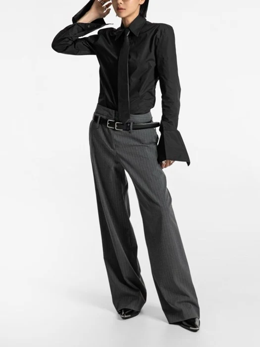 Low Belted Detail Pin Striped Wide Pants Low Belted Detail Pin Striped Wide Pants