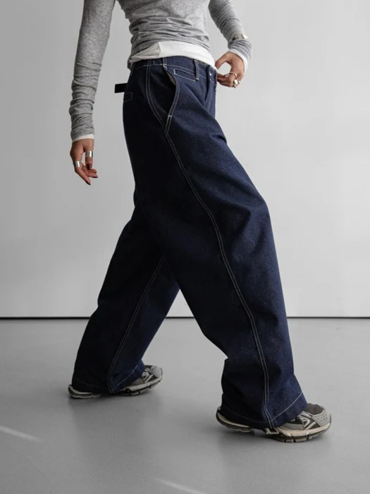 Stitched Detail Wide Baggy Denim Pants Stitched Detail Wide Baggy Denim Pants
