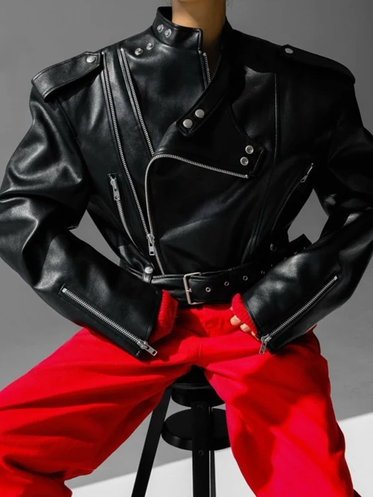 Double Zipped Detail Vegan Buckle Belted Biker Jacket Double Zipped Detail Vegan Buckle Belted Biker Jacket