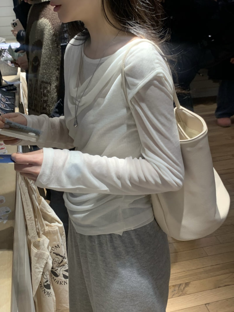 Afarrier - Korean Women Fashion - #momslook - Tone-On-Tone Drape Tee - 3