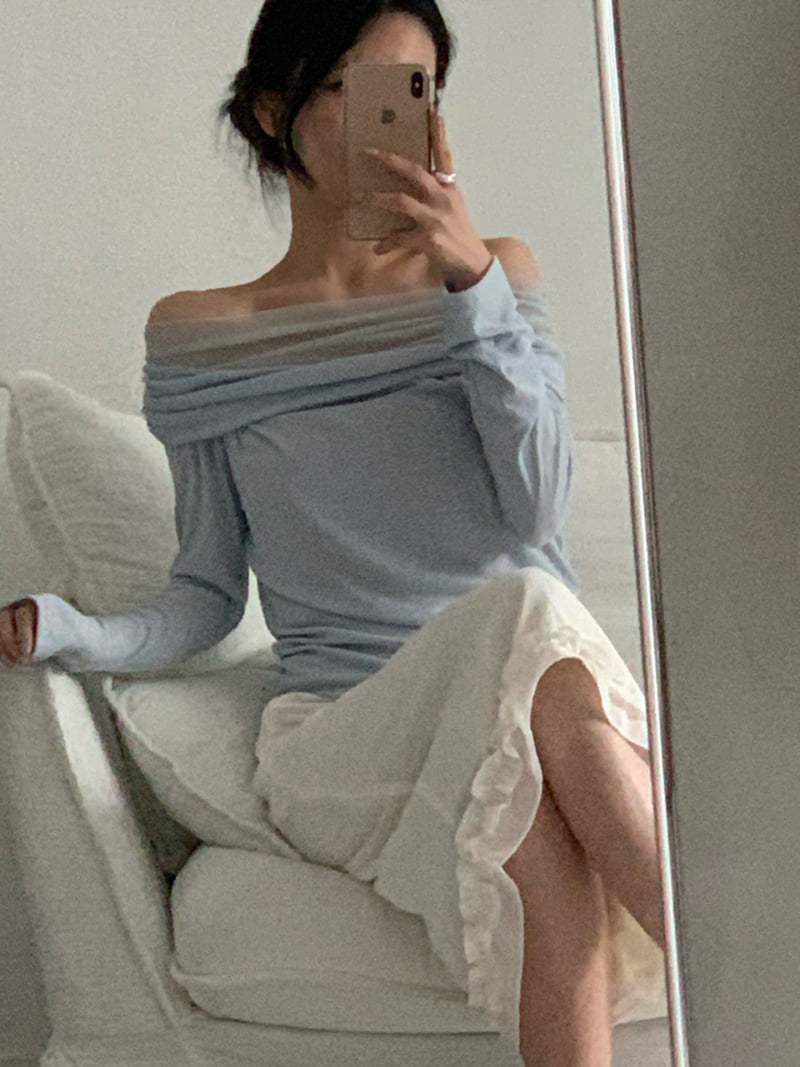 Afarrier - Korean Women Fashion - #momslook - Rosanna Mesh Off-Shoulder Tee - 6