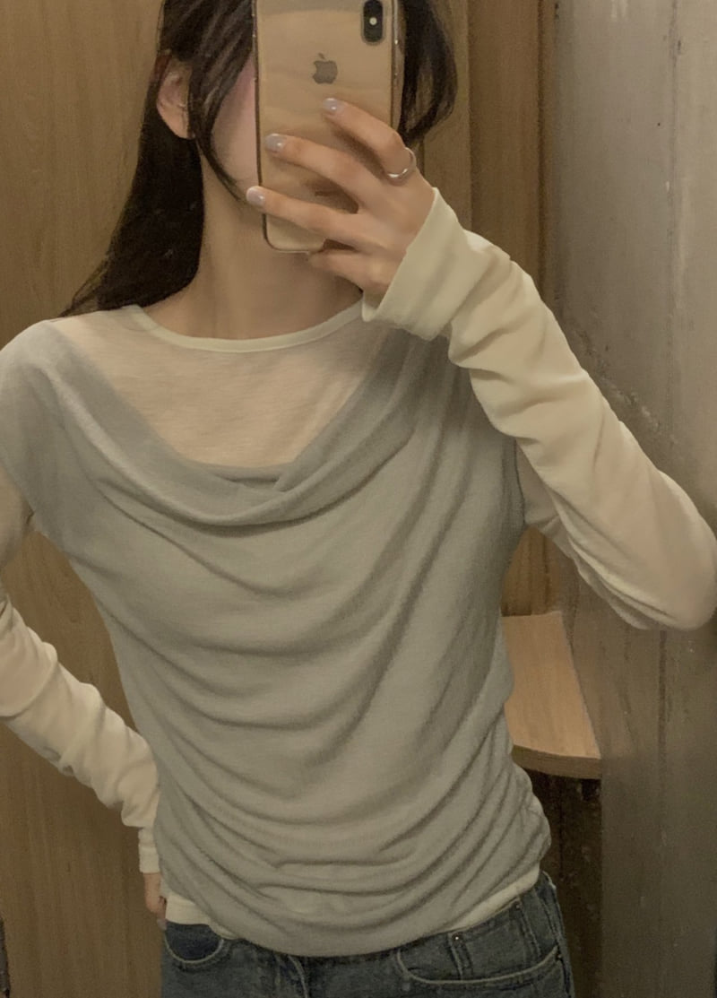 Afarrier - Korean Women Fashion - #thatsdarling - Color Block Drape Tee - 2