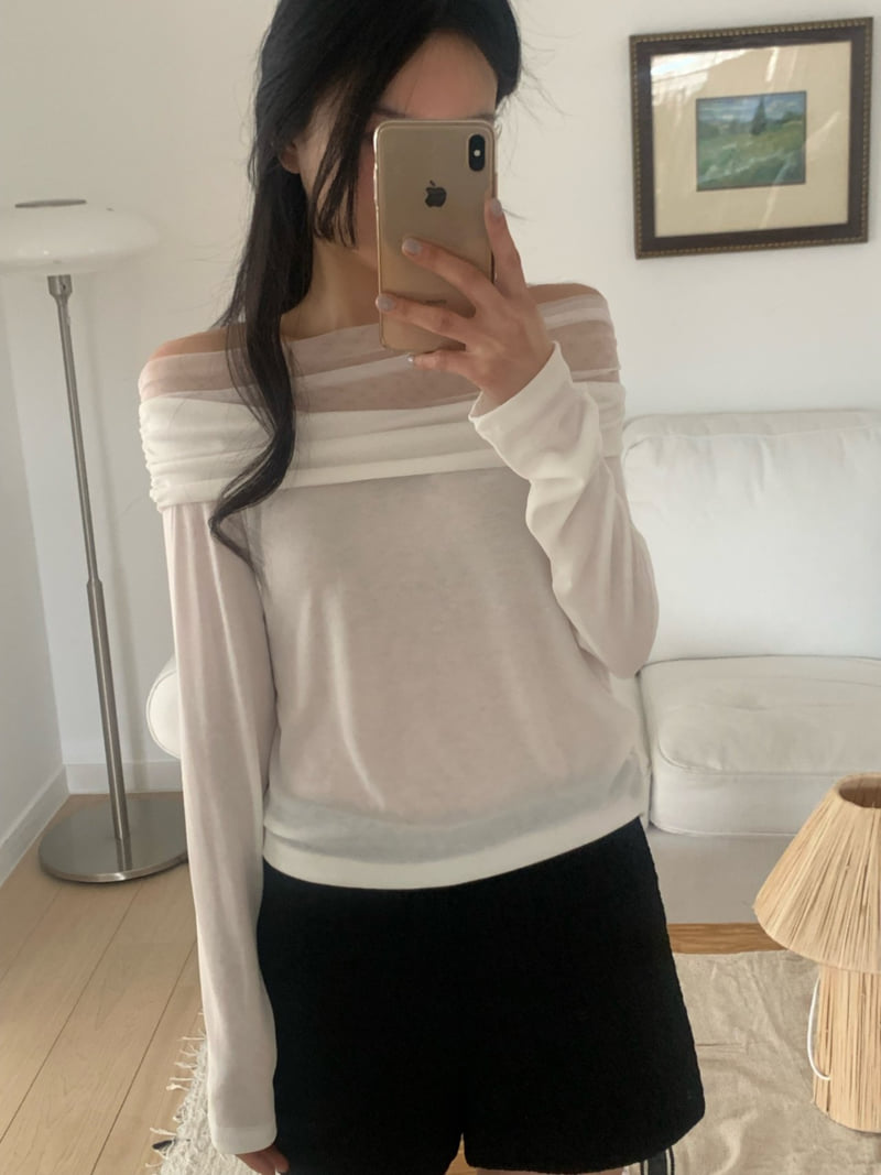 Afarrier - Korean Women Fashion - #womensfashion - Rosanna Mesh Off-Shoulder Tee - 5