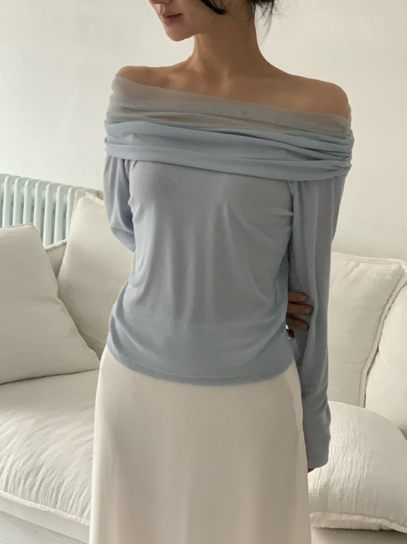Afarrier - Korean Women Fashion - #womensfashion - Rosanna Mesh Off-Shoulder Tee - 7