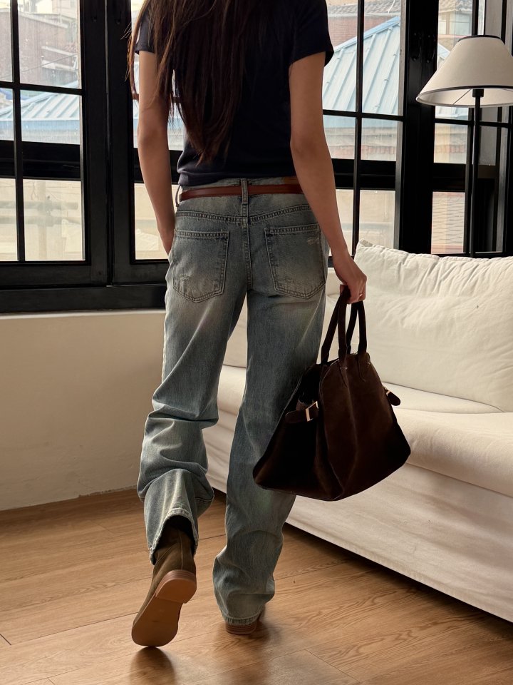 Baguette - Korean Women Fashion - #womensfashion - Label Straight Denim Pants - 5