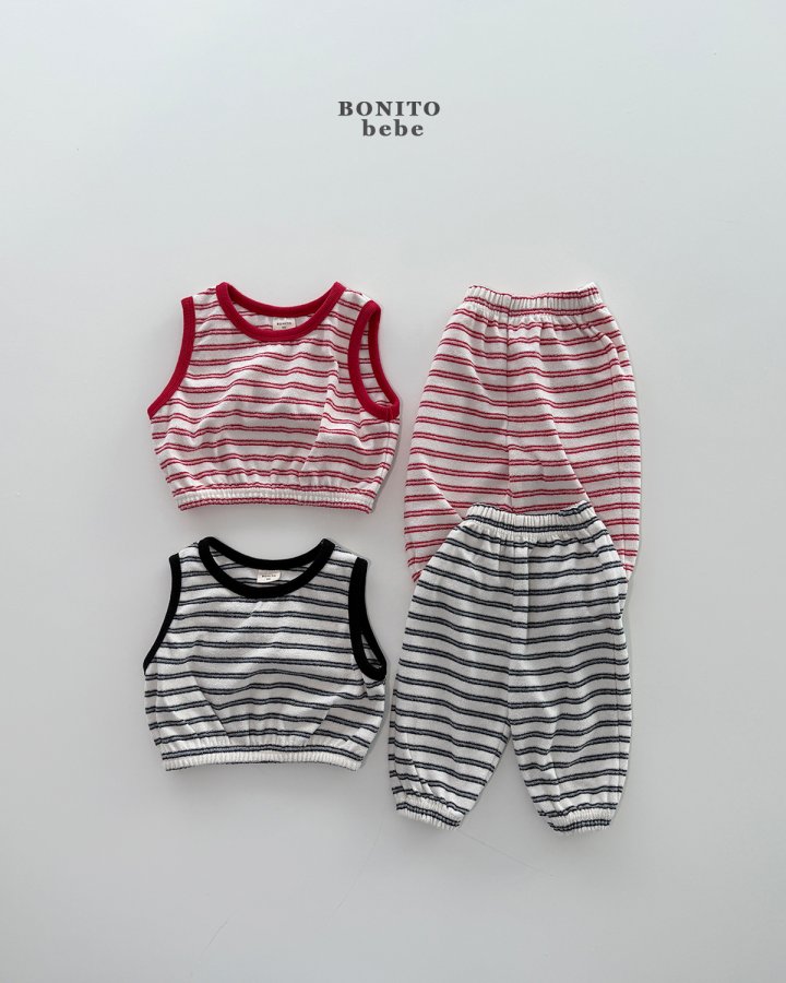 Bonito - Korean Baby Fashion - #babyootd - Bebe Stripe Terry Vest Top Bottom Set - 3