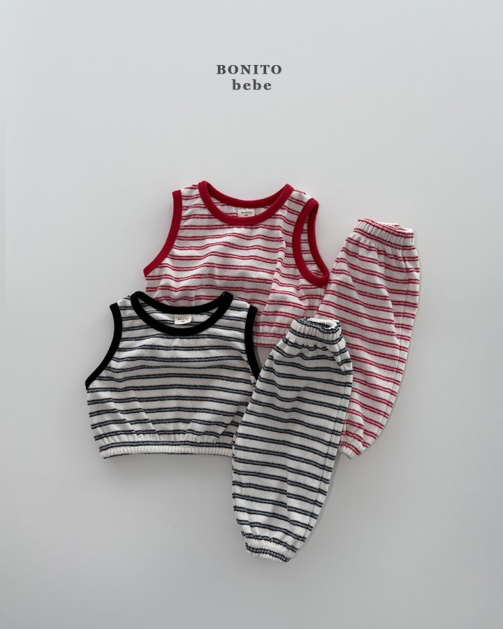 Bonito - Korean Baby Fashion - #babyootd - Bebe Stripe Terry Vest Top Bottom Set - 4