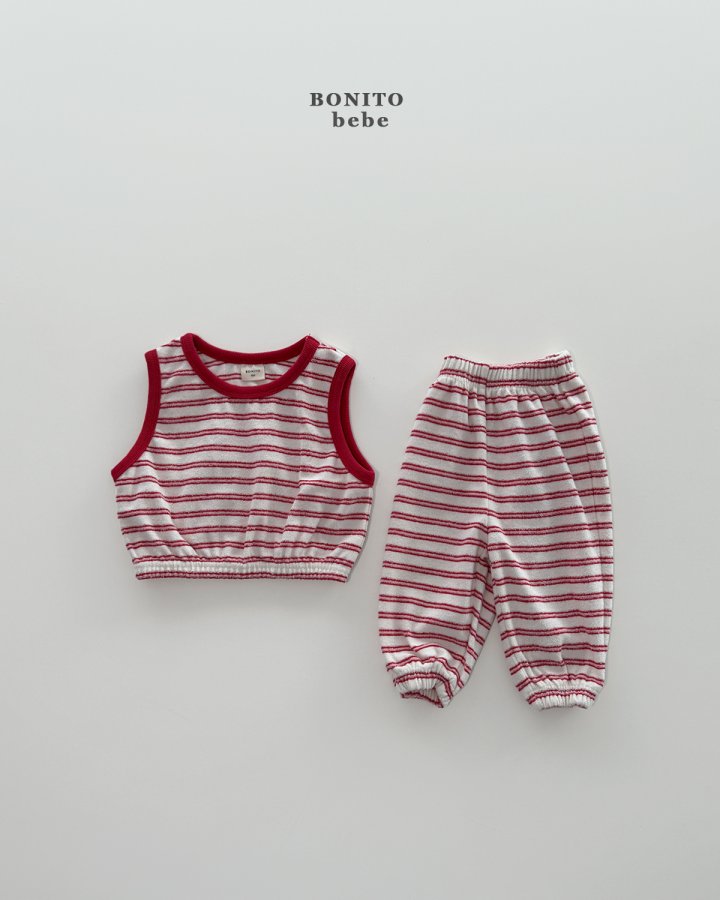 Bonito - Korean Baby Fashion - #babyoutfit - Bebe Stripe Terry Vest Top Bottom Set - 5
