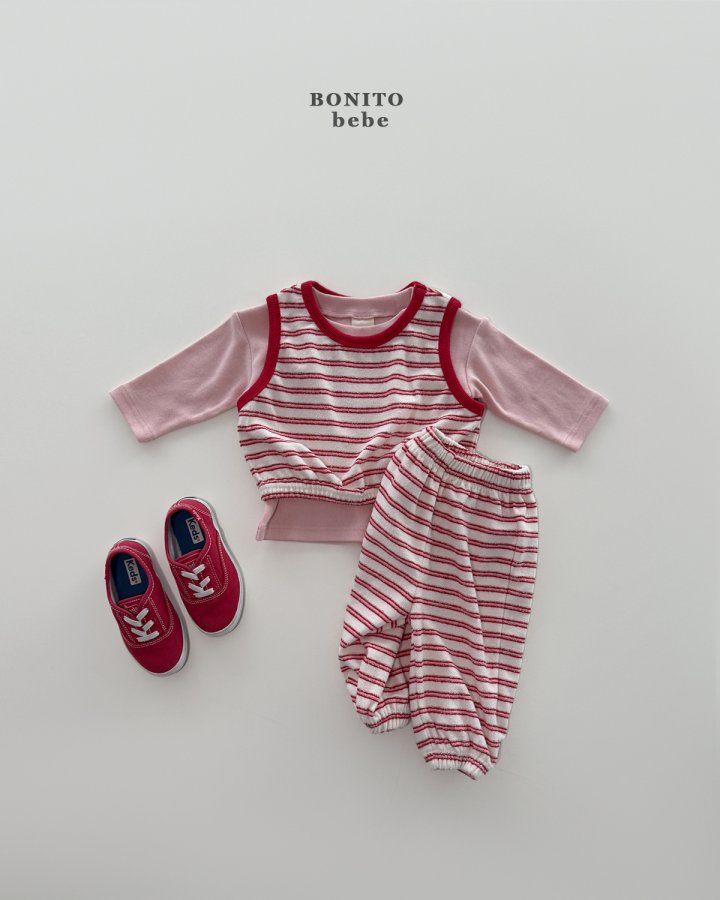 Bonito - Korean Baby Fashion - #babywear - Bebe Stripe Terry Vest Top Bottom Set - 6