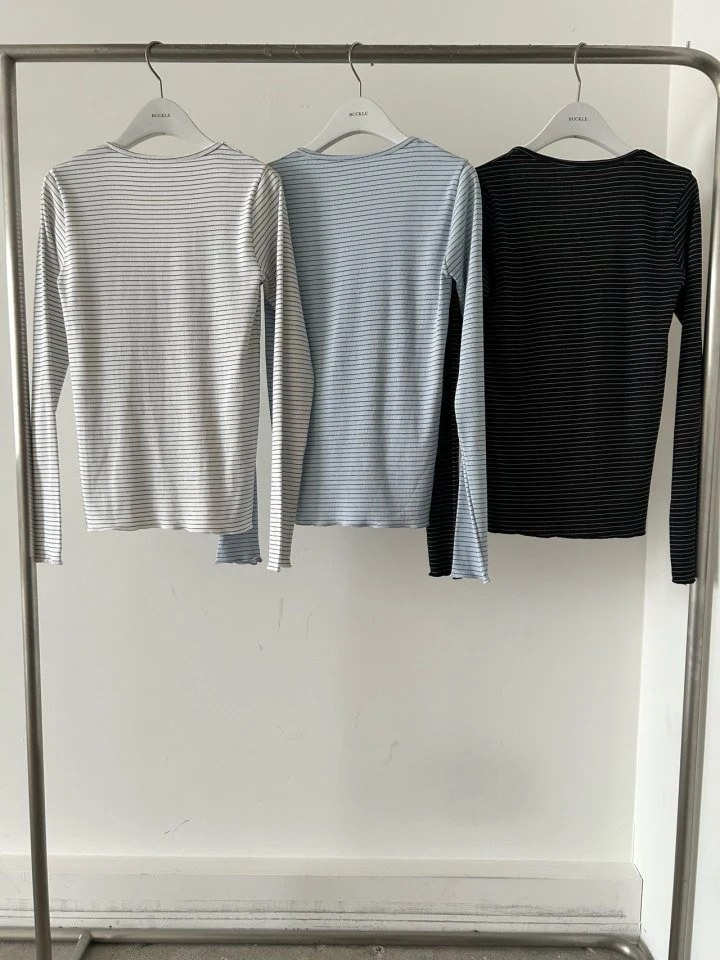 Buckle - Korean Women Fashion - #momslook - Striped Ribbed Tee