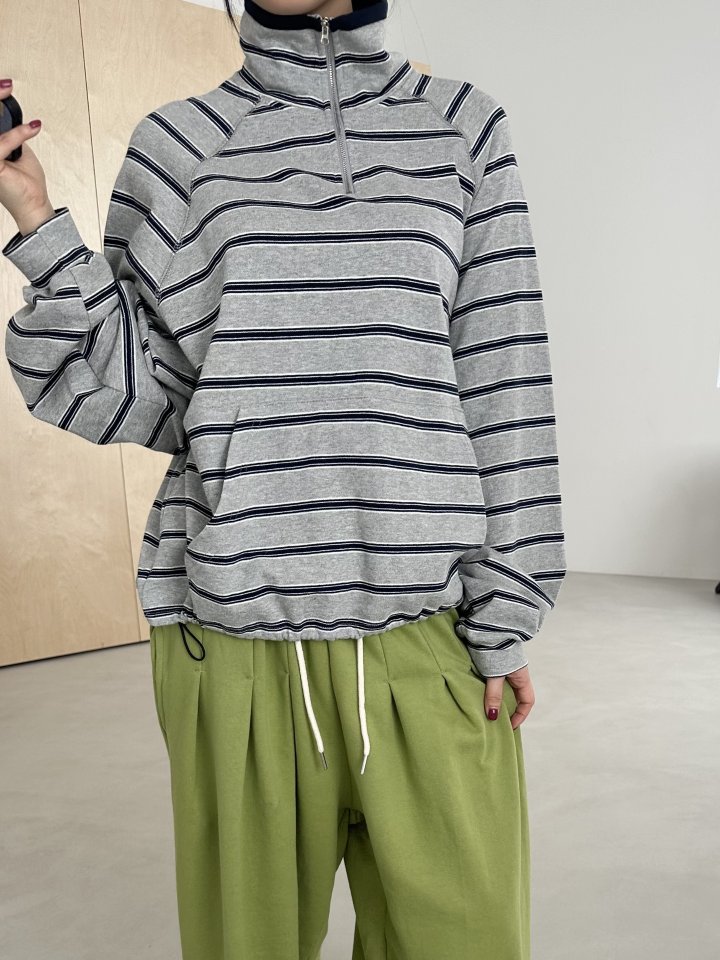 Dress U - Korean Women Fashion - #momslook - Striped Half-Zip Sweatshirt - 10