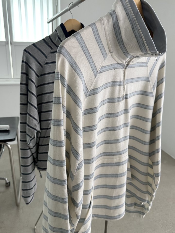 Dress U - Korean Women Fashion - #momslook - Striped Half-Zip Sweatshirt - 2