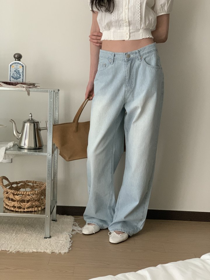 I'm here - Korean Women Fashion - #momslook - Stripe Wide Pants - 5