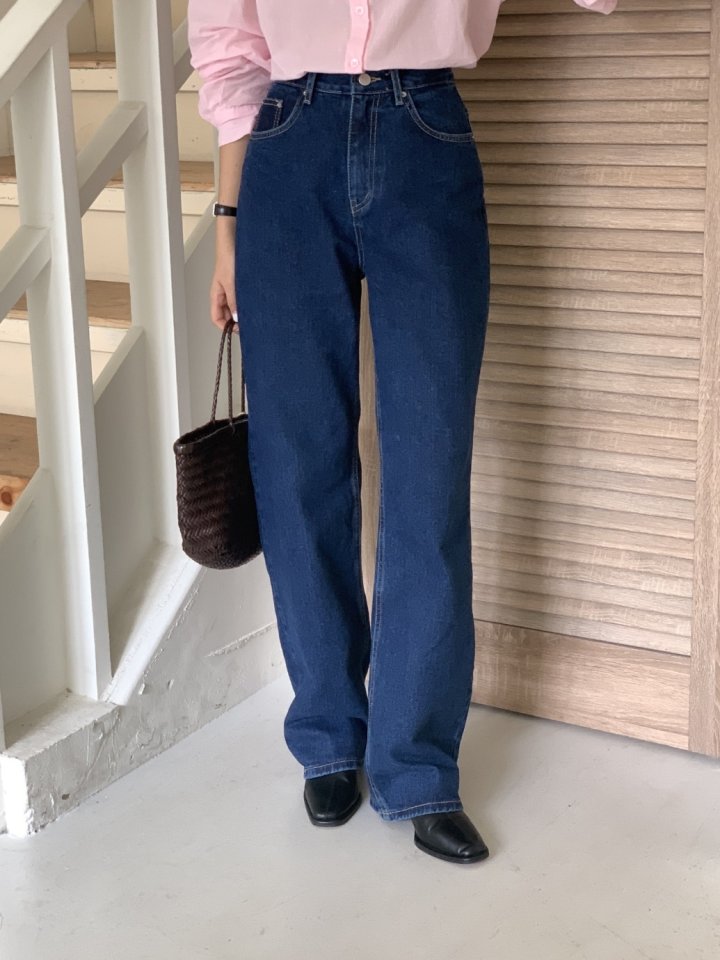 I'm here - Korean Women Fashion - #momslook - Deep Blue Semi-Straight Denim Pants - 2