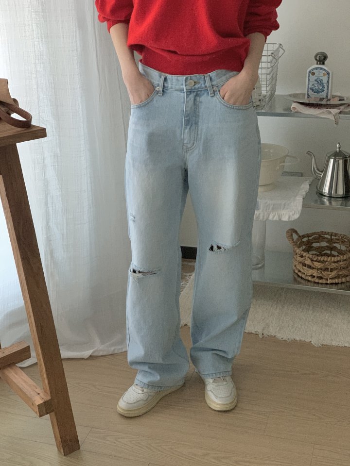 I'm here - Korean Women Fashion - #momslook - Vintage Light Blue Wide Denim Pants - 6