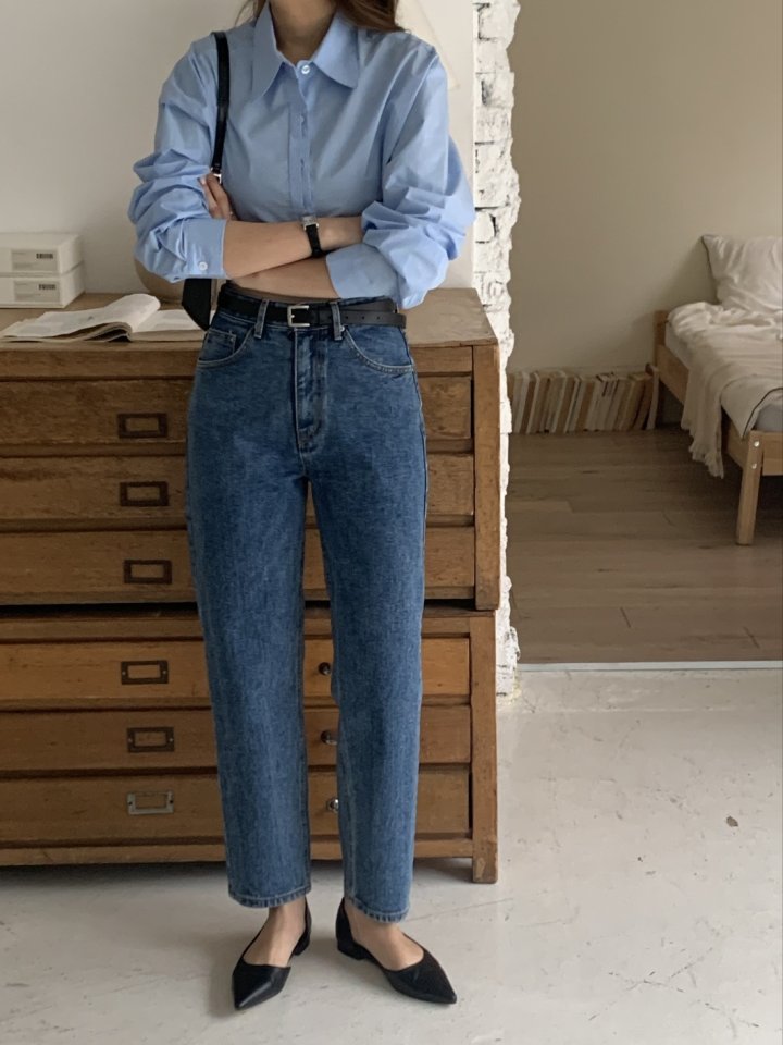I'm here - Korean Women Fashion - #momslook - Blue Crop Basic Denim Pants - 12
