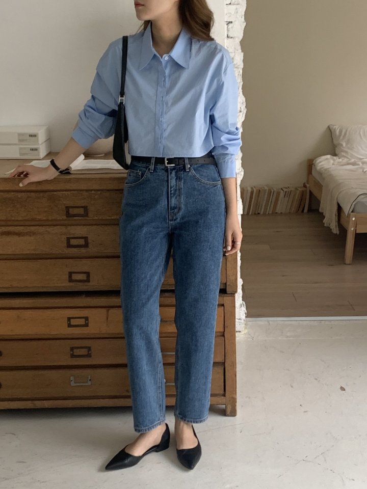 I'm here - Korean Women Fashion - #momslook - Blue Crop Basic Denim Pants - 6