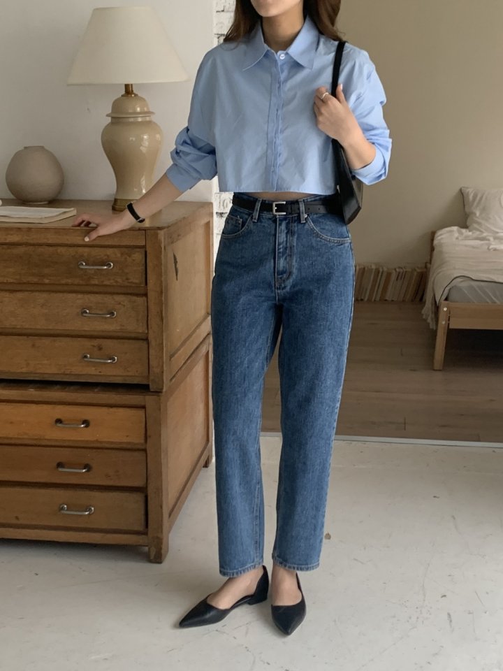 I'm here - Korean Women Fashion - #momslook - Blue Crop Basic Denim Pants - 8