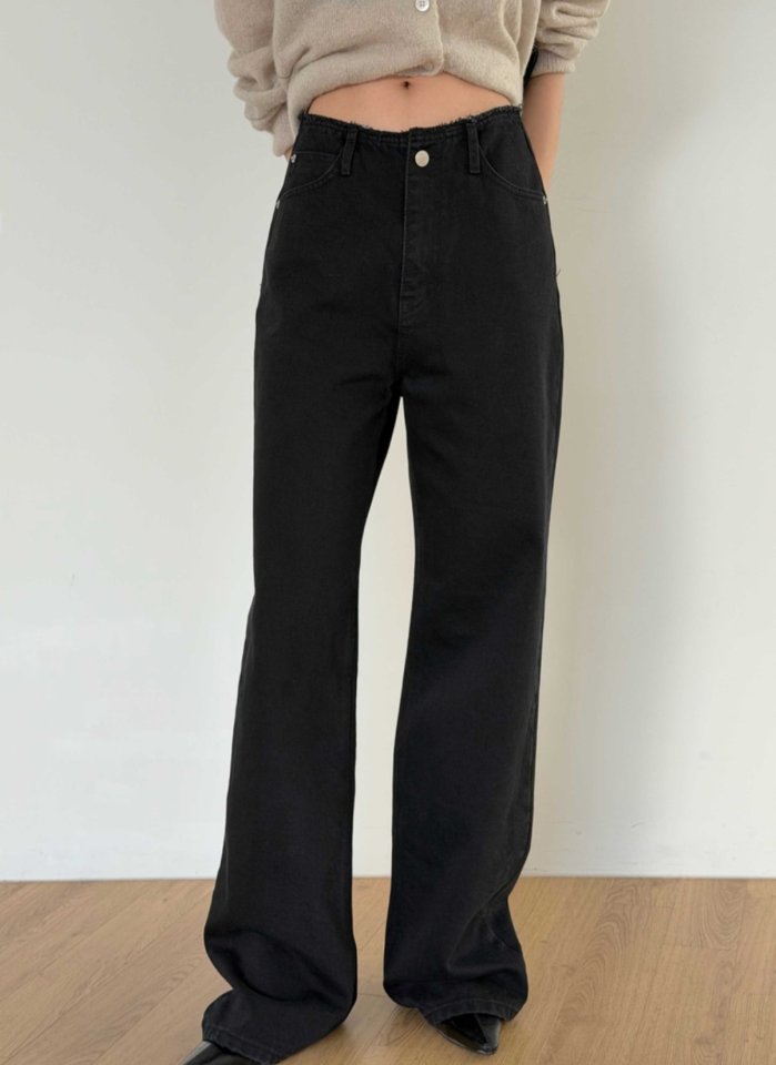 I'm here - Korean Women Fashion - #momslook - Wide No-OB Black Denim Pants - 10
