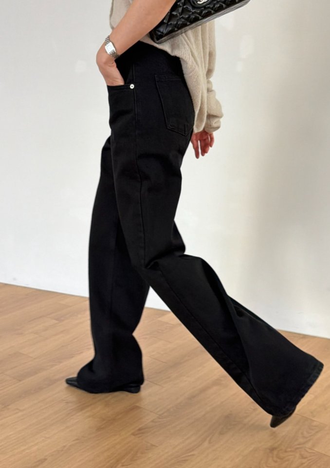 I'm here - Korean Women Fashion - #momslook - Wide No-OB Black Denim Pants - 2